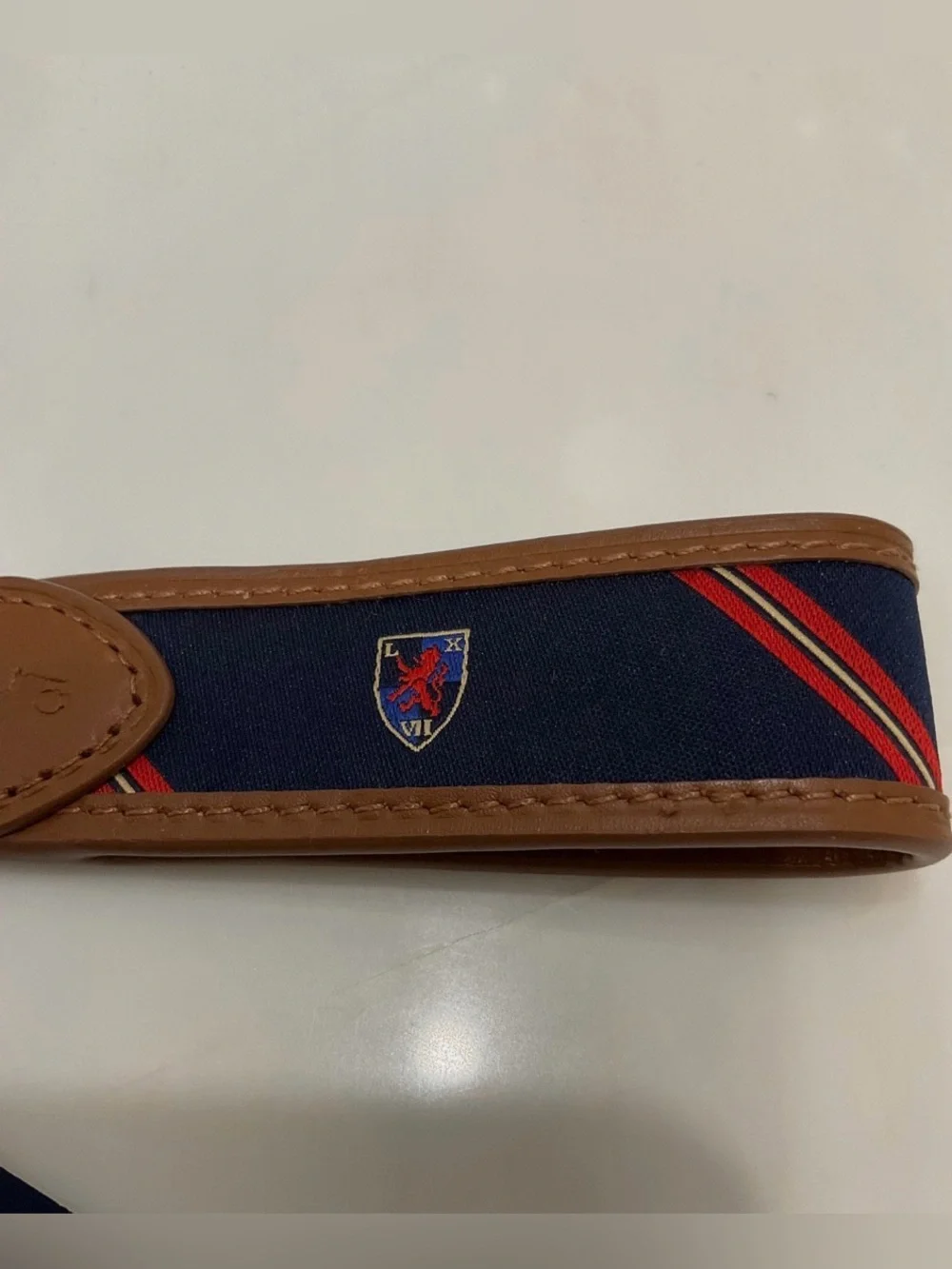 NEW Polo Ralph Lauren Leather & Navy Blue Silk CREST Key Ring Keychain - TAN